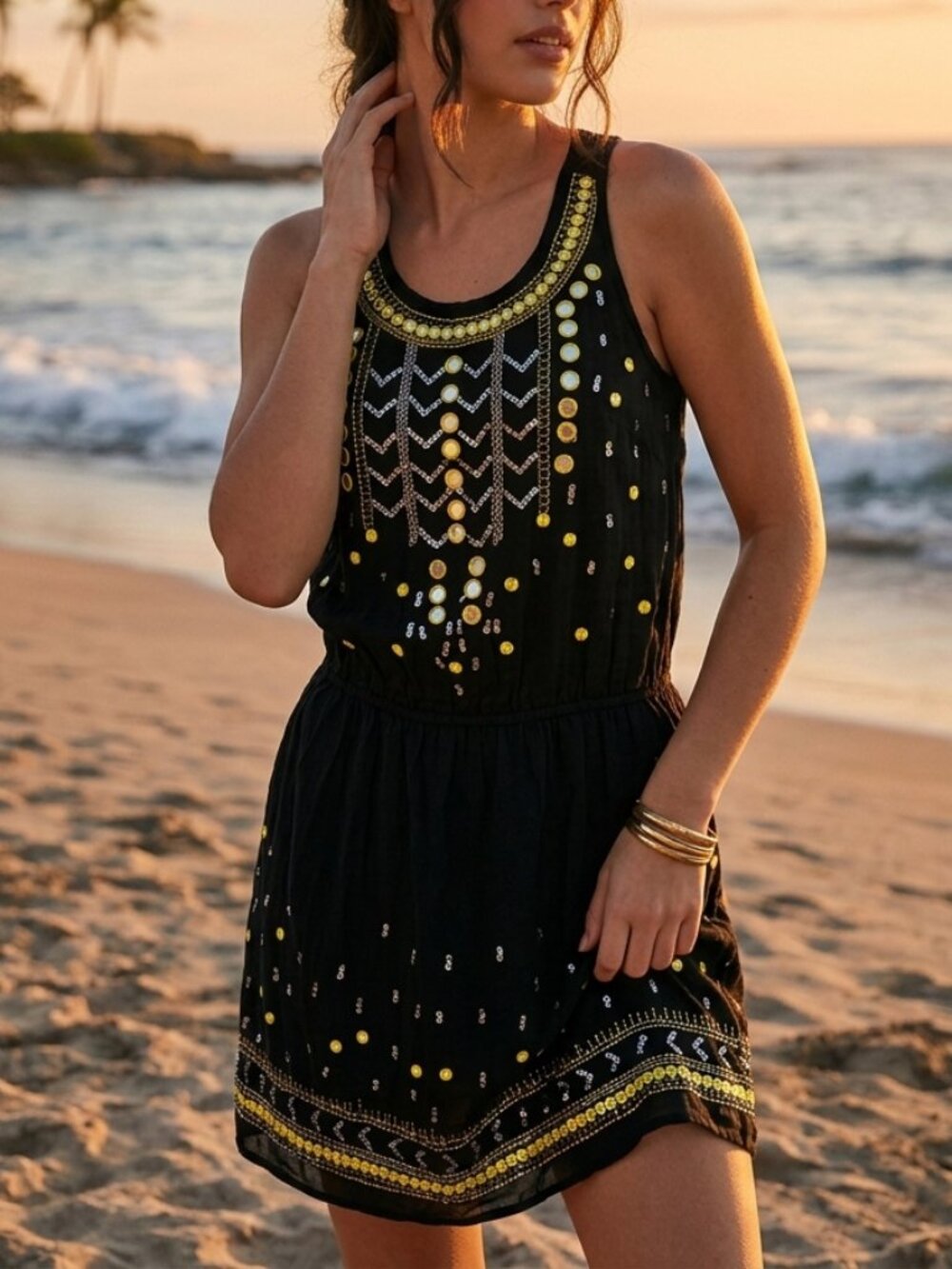 Forever 21 Beaded Sequin Boho Mini Dress Black Yellow Racerback Size S